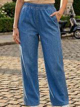 Elastic Waist Wide-Leg Denim Pants