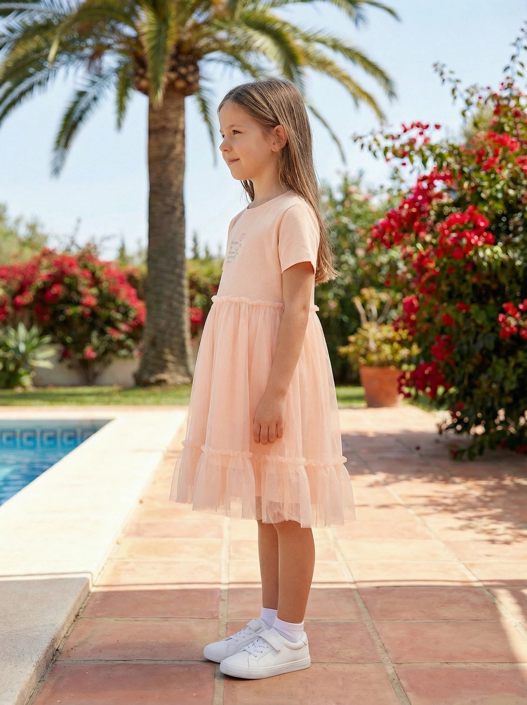 Kids Embroidered Tulle Hem Dress