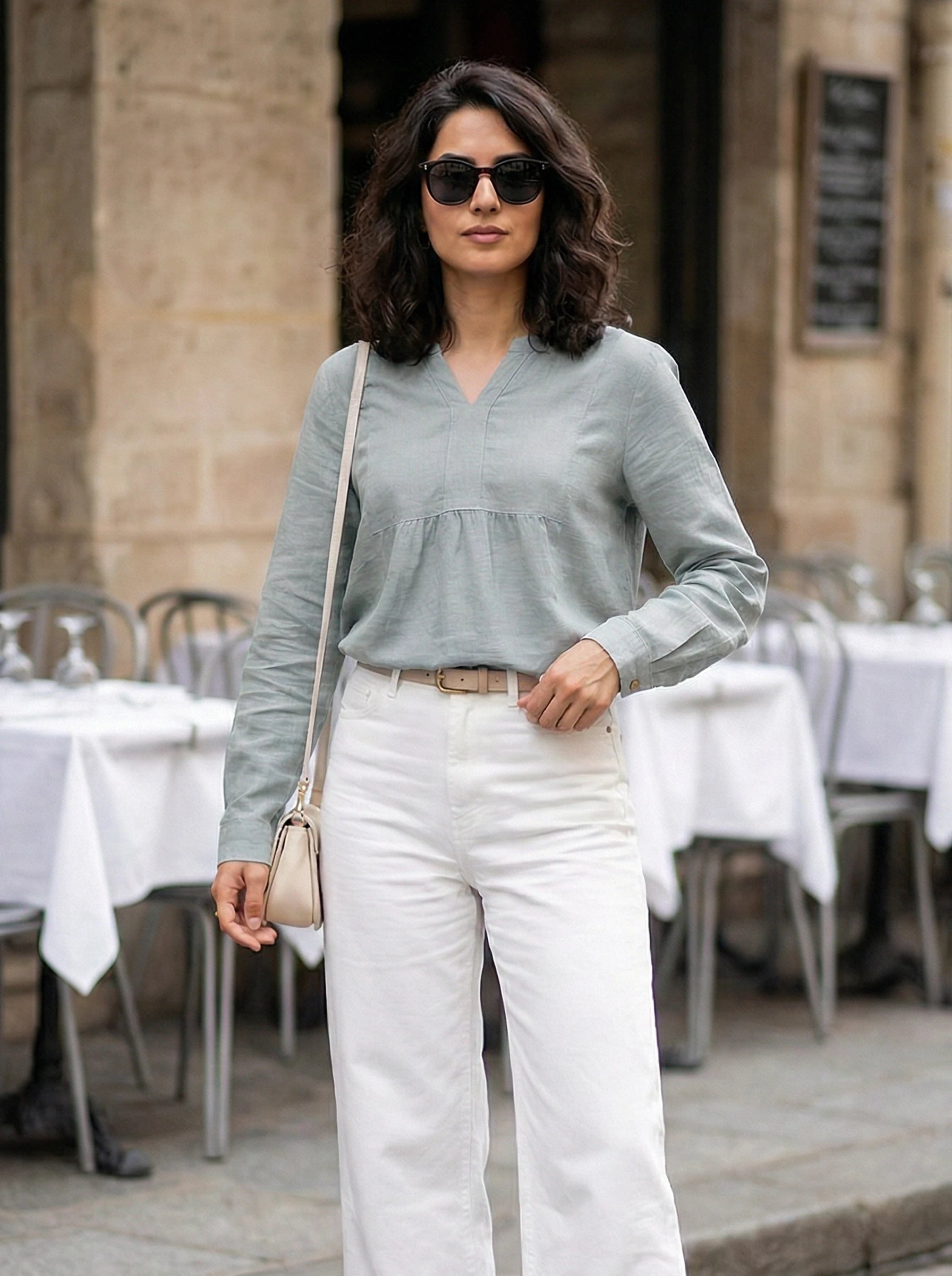 Pleated Front Long Sleeve Blouse