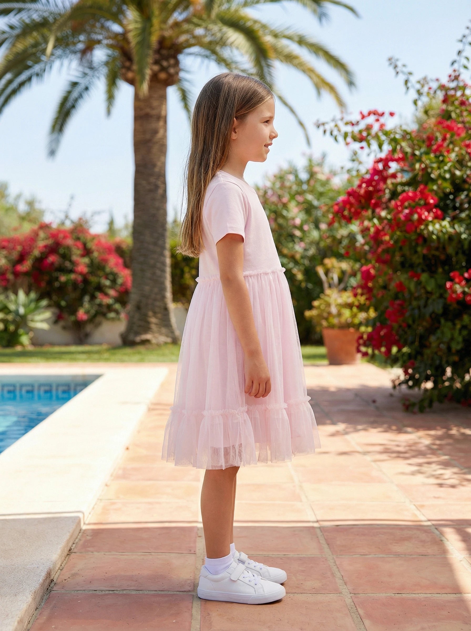 Kids Embroidered Tulle Hem Dress
