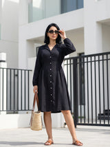 Long Sleeve Button-Front Flared Dress