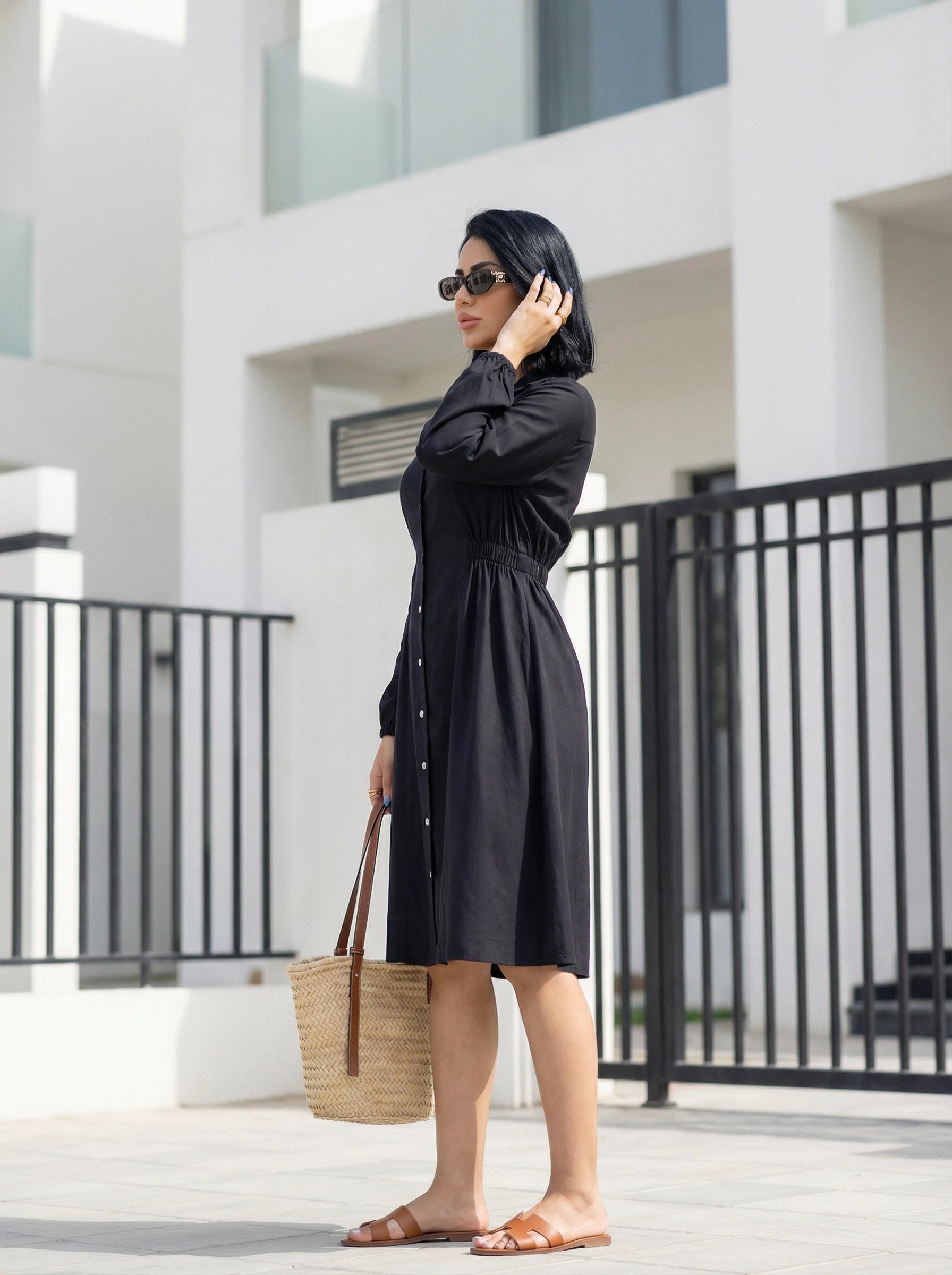 Long Sleeve Button-Front Flared Dress