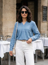 Pleated Front Long Sleeve Blouse