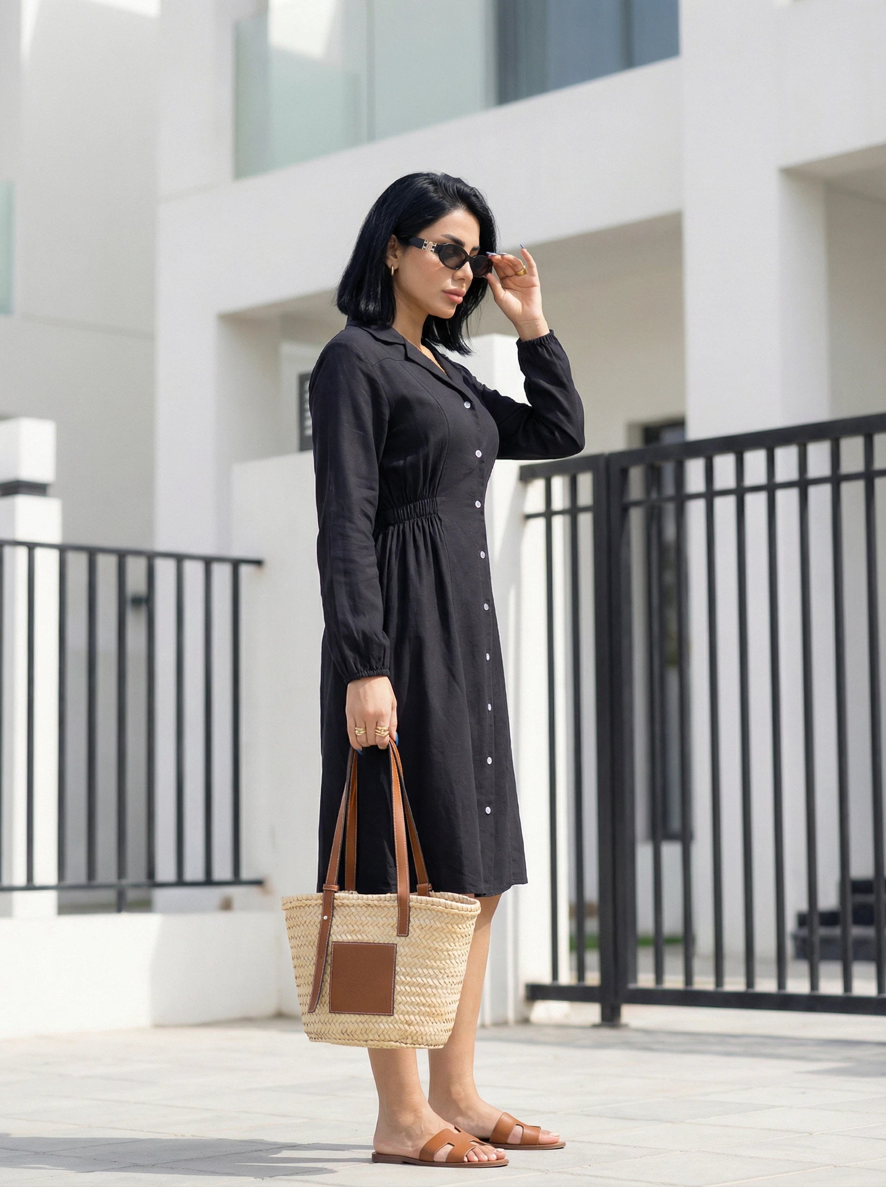 Long Sleeve Button-Front Flared Dress