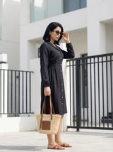 Long Sleeve Button-Front Flared Dress