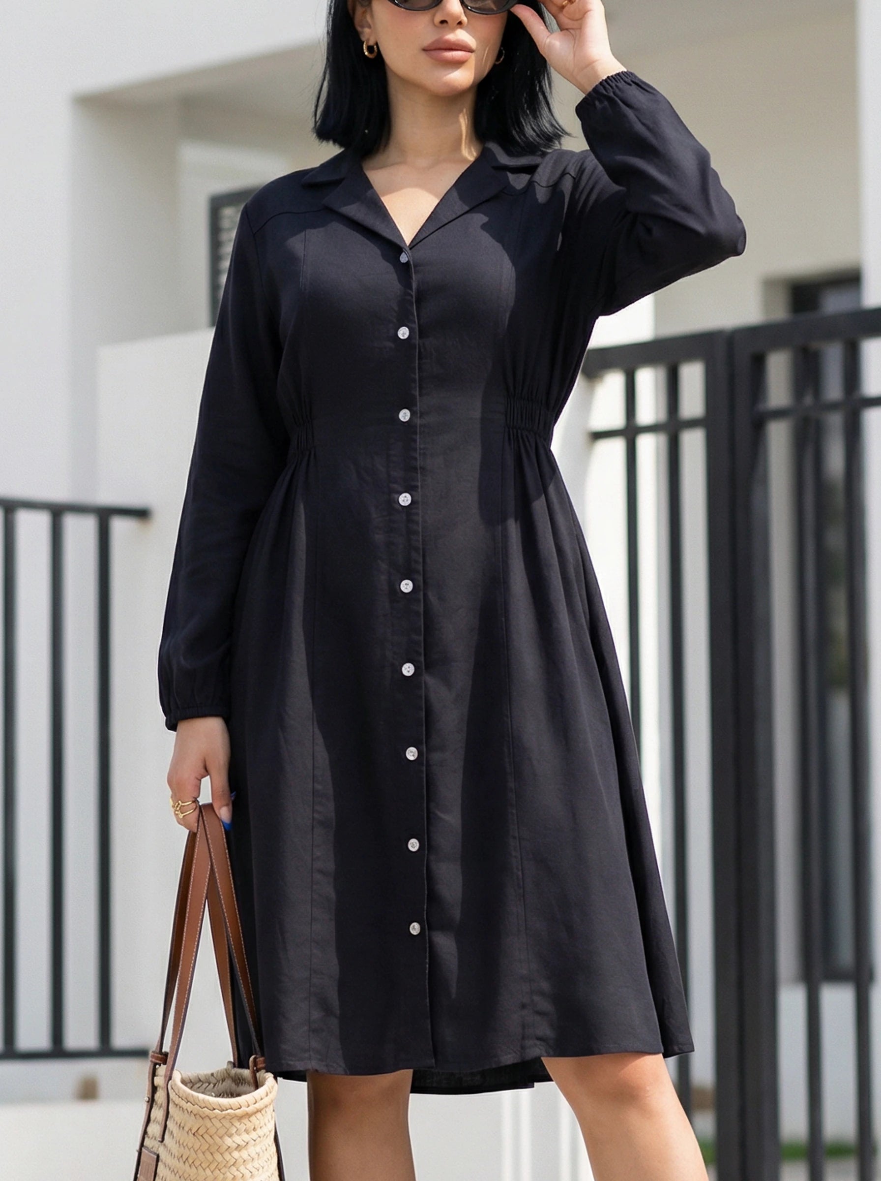 Long Sleeve Button-Front Flared Dress