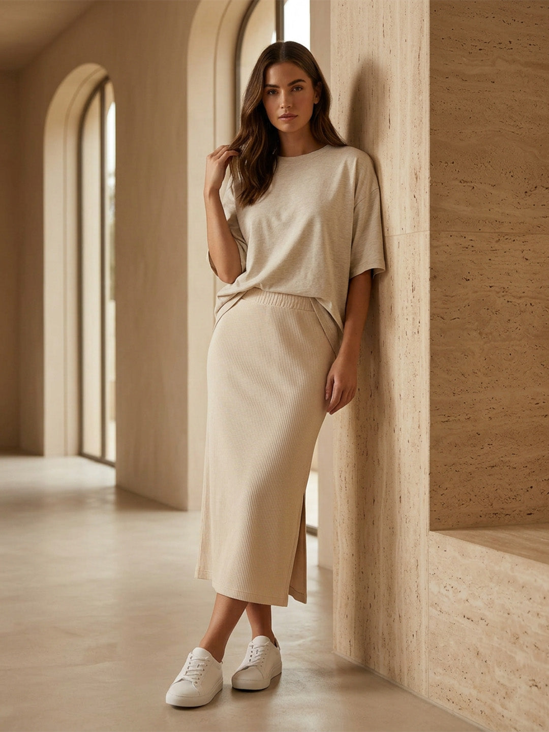 Elastic Waist Ribbed Midi Skirt