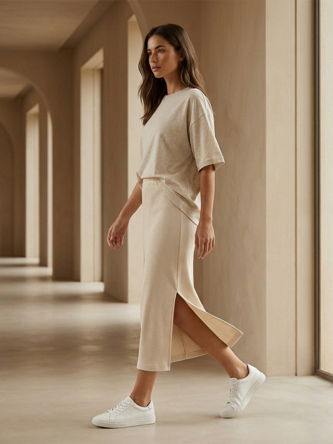 Elastic Waist Ribbed Midi Skirt