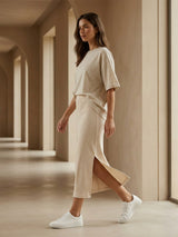 Elastic Waist Ribbed Midi Skirt