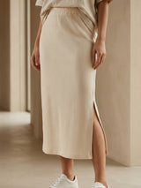 Elastic Waist Ribbed Midi Skirt