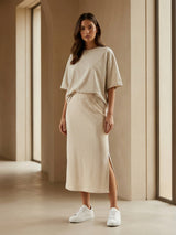 Elastic Waist Ribbed Midi Skirt