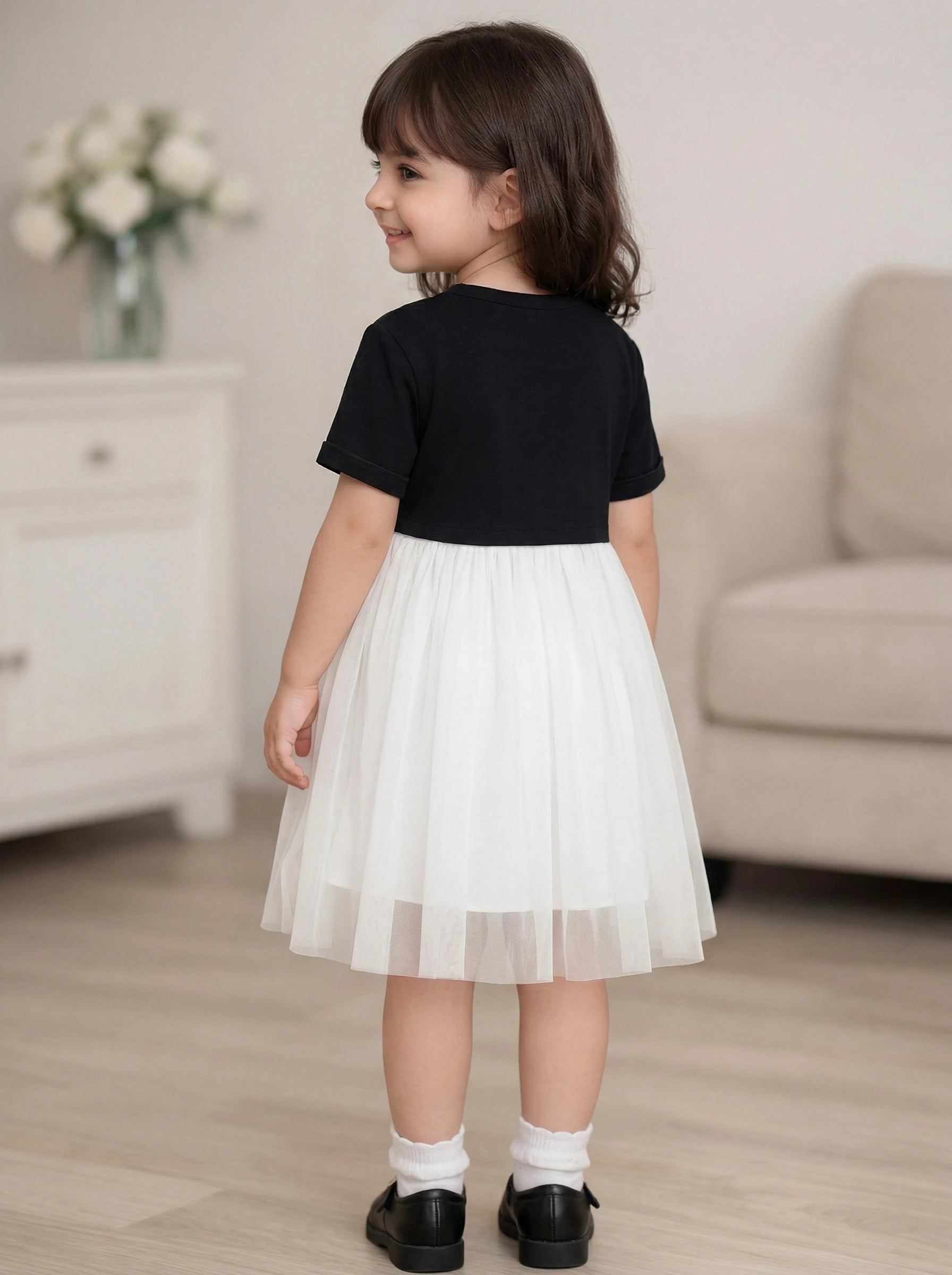 Girls Mixed Fabric Tulle Dress