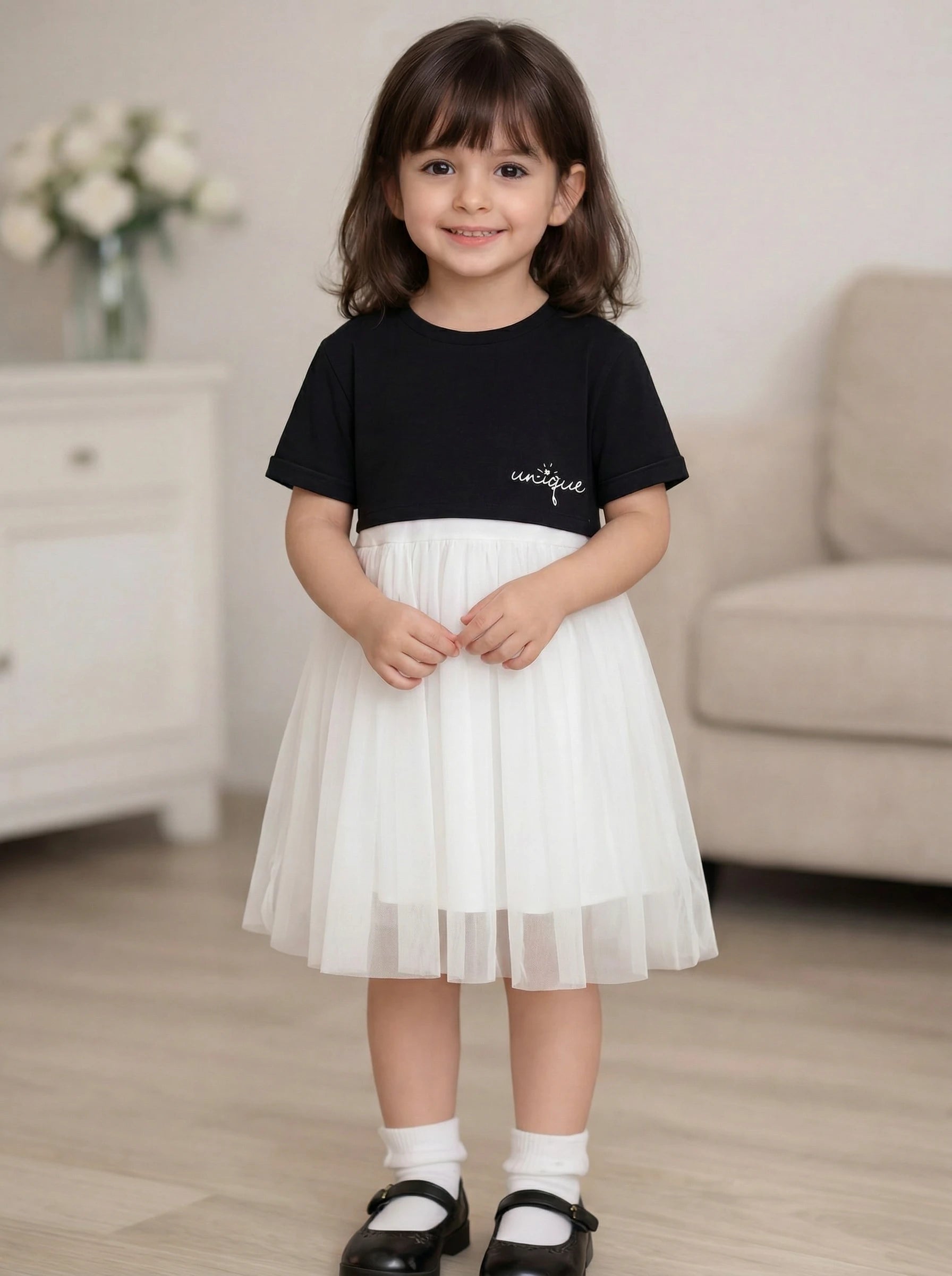 Girls Mixed Fabric Tulle Dress
