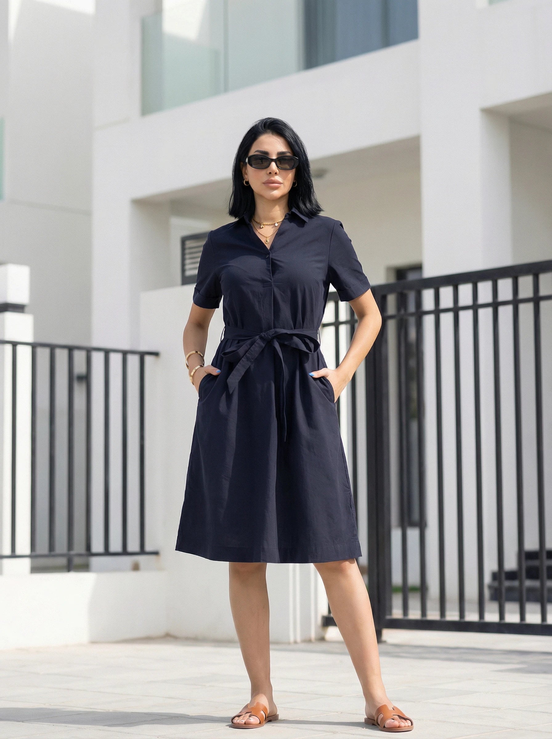 Short Sleeve Belted Shirt Dress