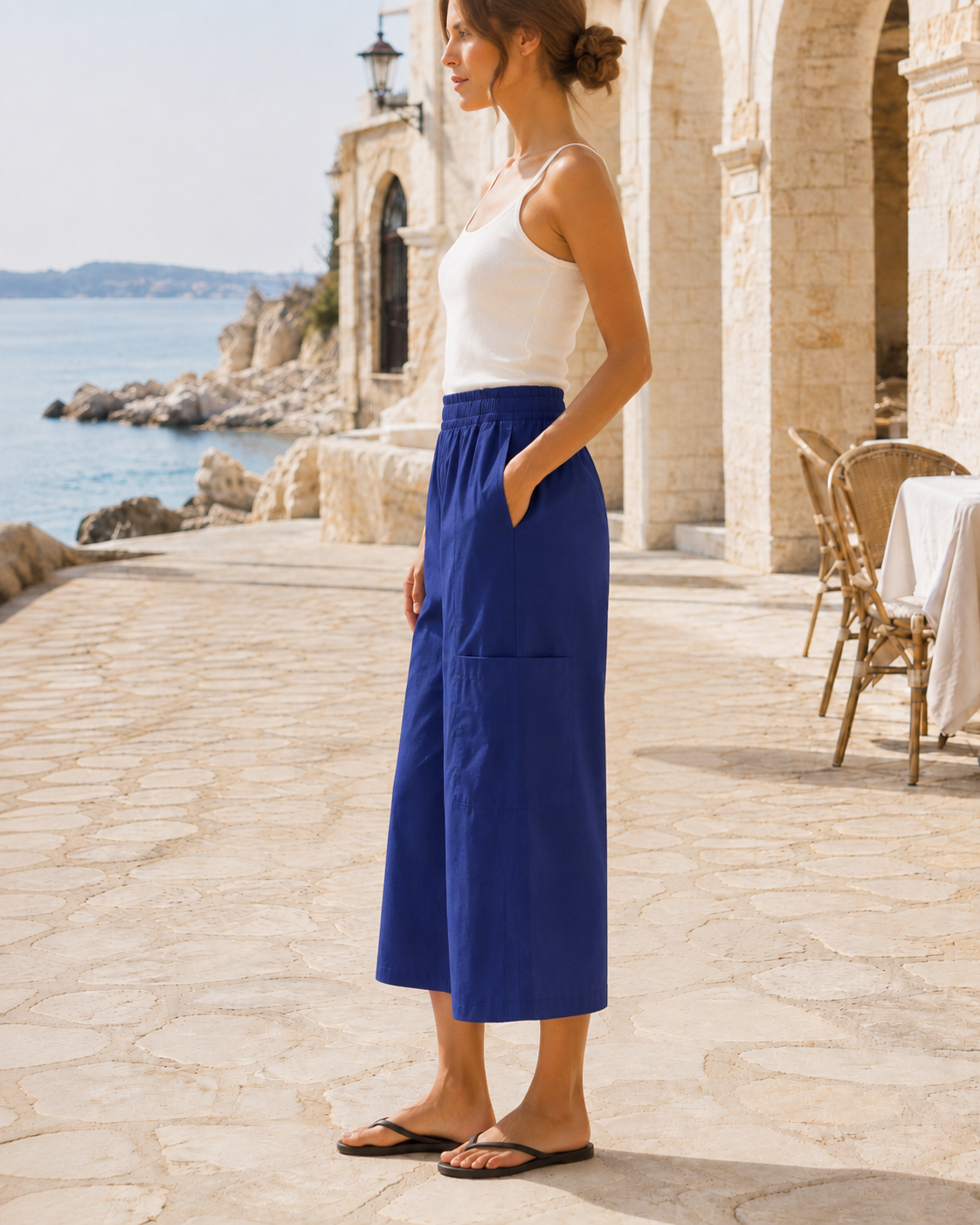 Wide-Leg Cargo Culotte Pants