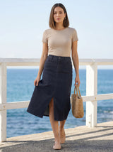 High-Rise Denim Midi Skirt
