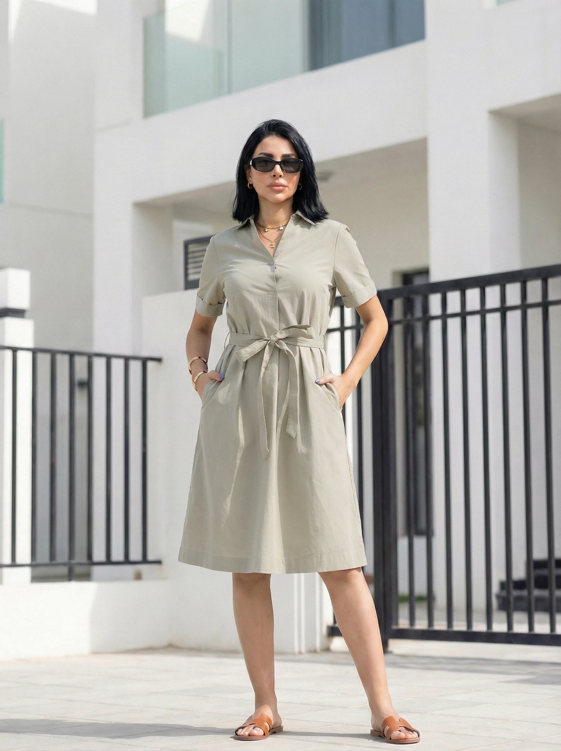 Short Sleeve Belted Shirt Dress