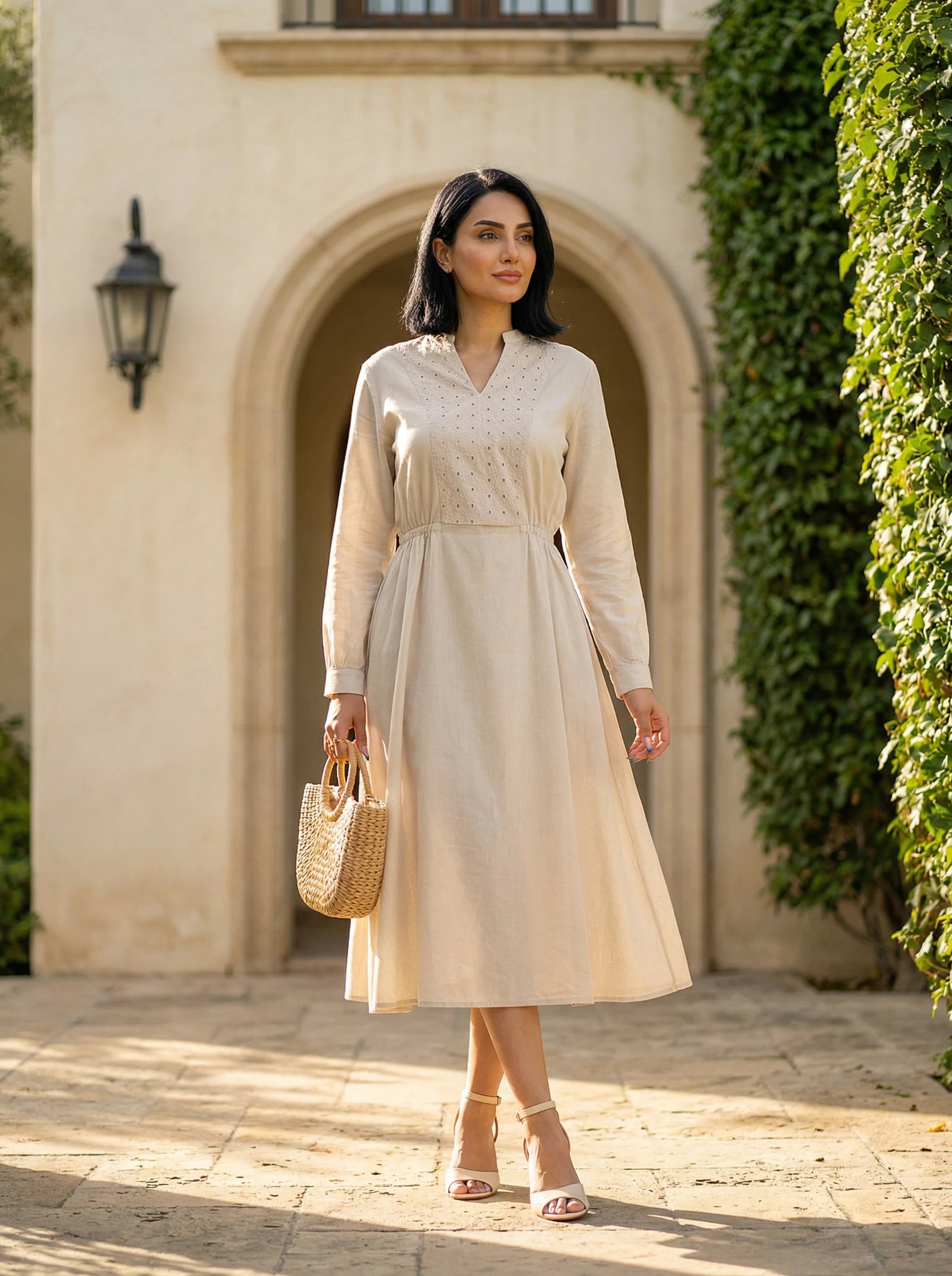 Embroidered V-Neck Midi Dress