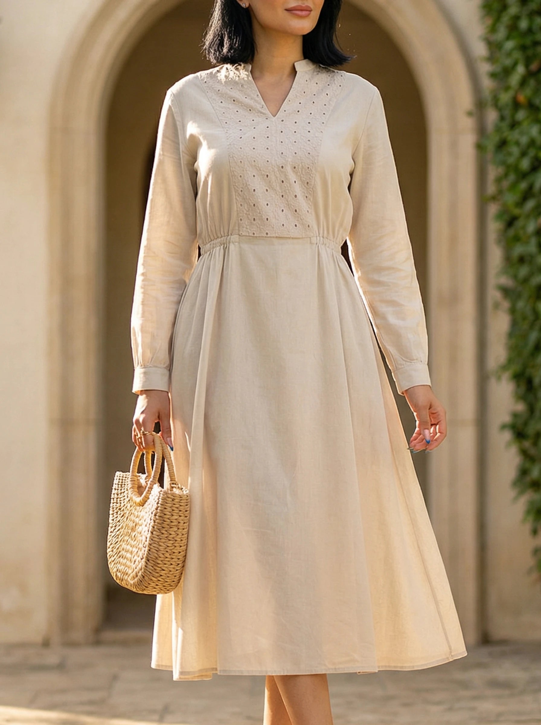Embroidered V-Neck Midi Dress