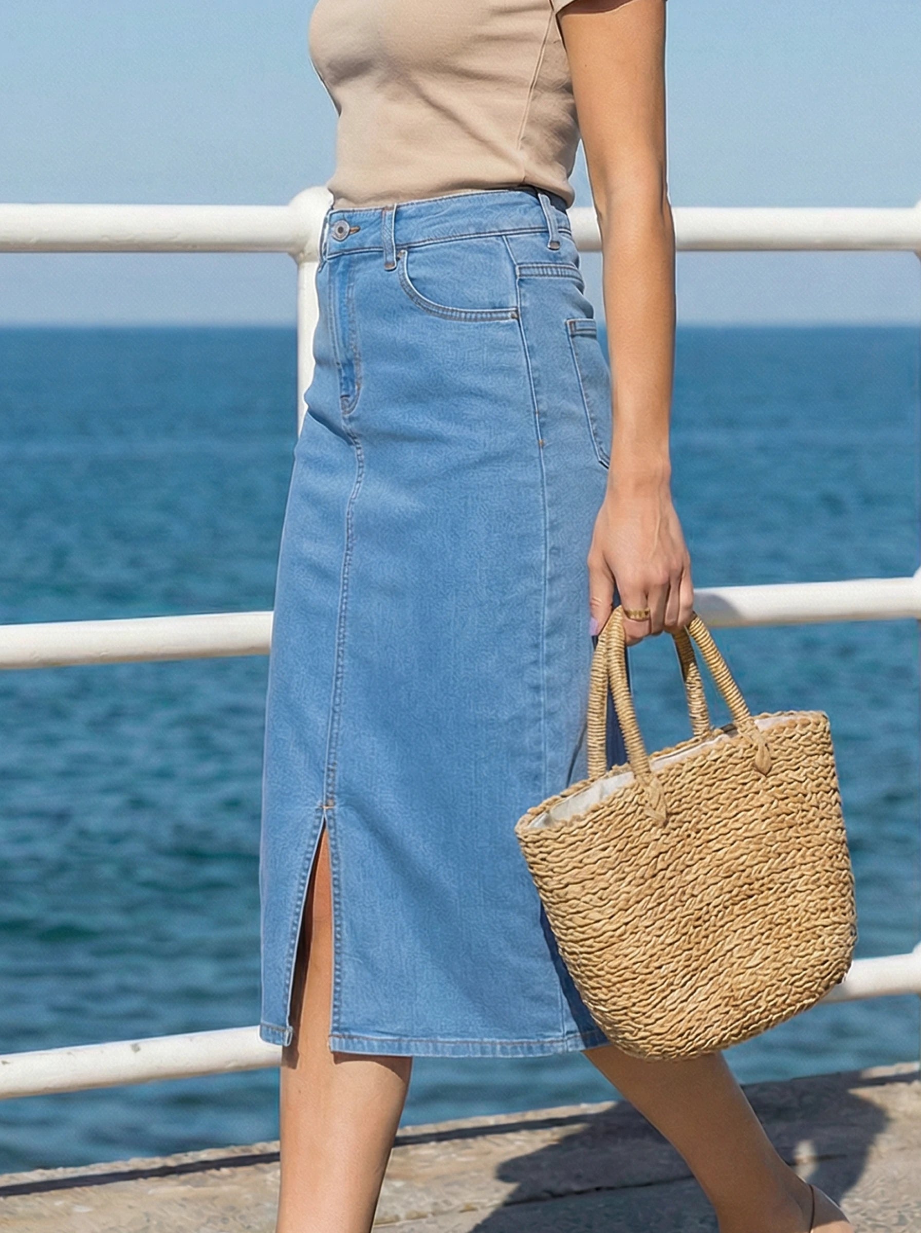 High-Rise Denim Midi Skirt