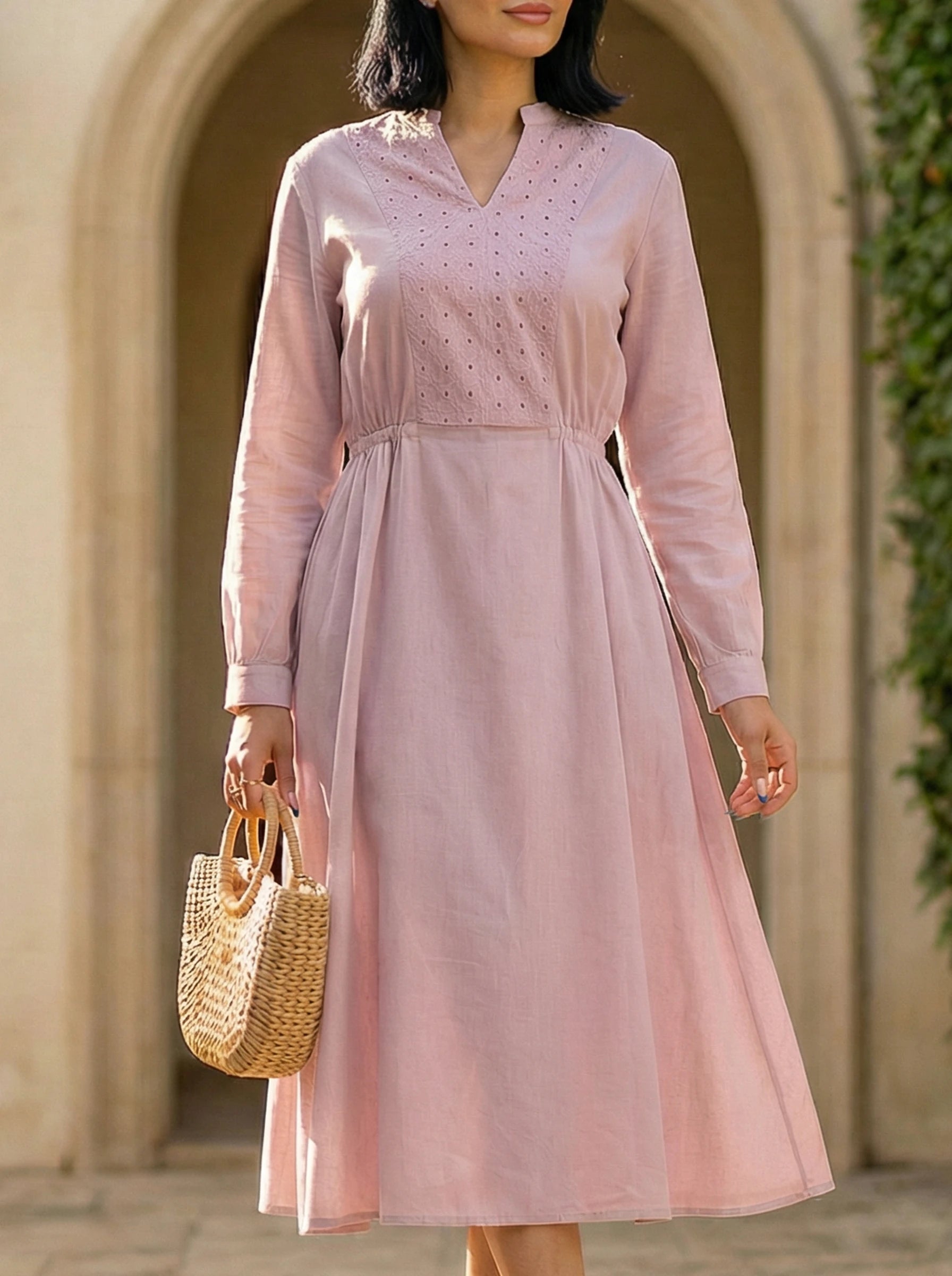Embroidered V-Neck Midi Dress