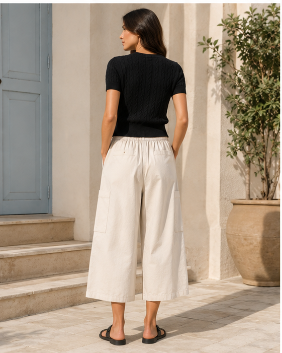 Wide-Leg Cargo Culotte Pants