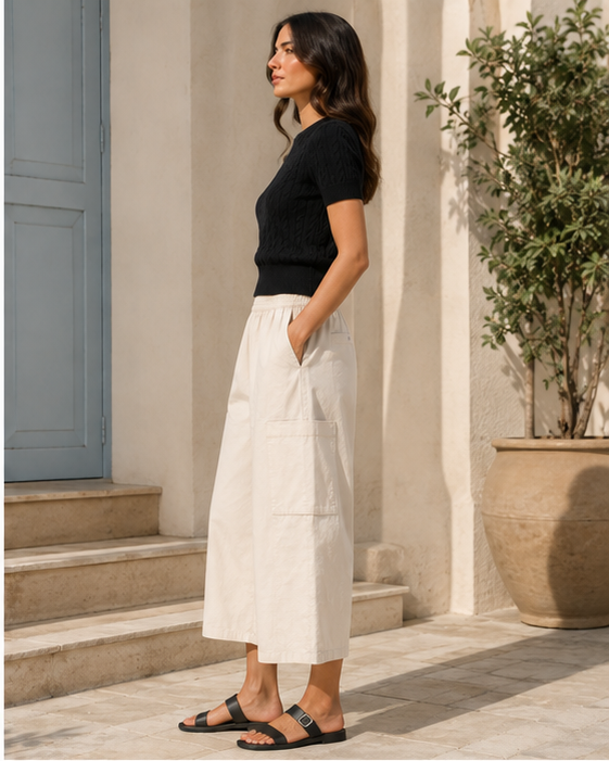 Wide-Leg Cargo Culotte Pants
