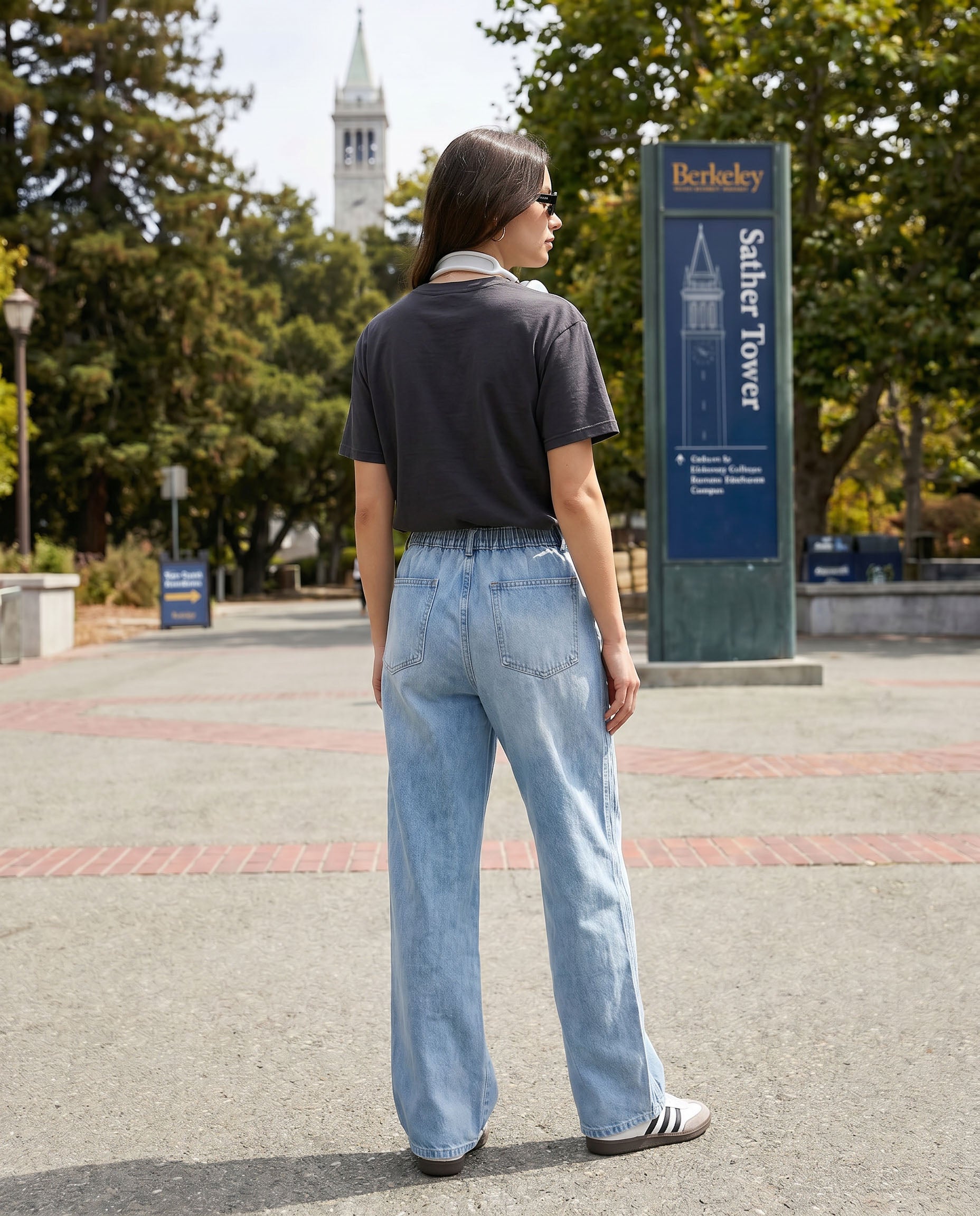 Elastic Waist Wide-Leg Denim Pants
