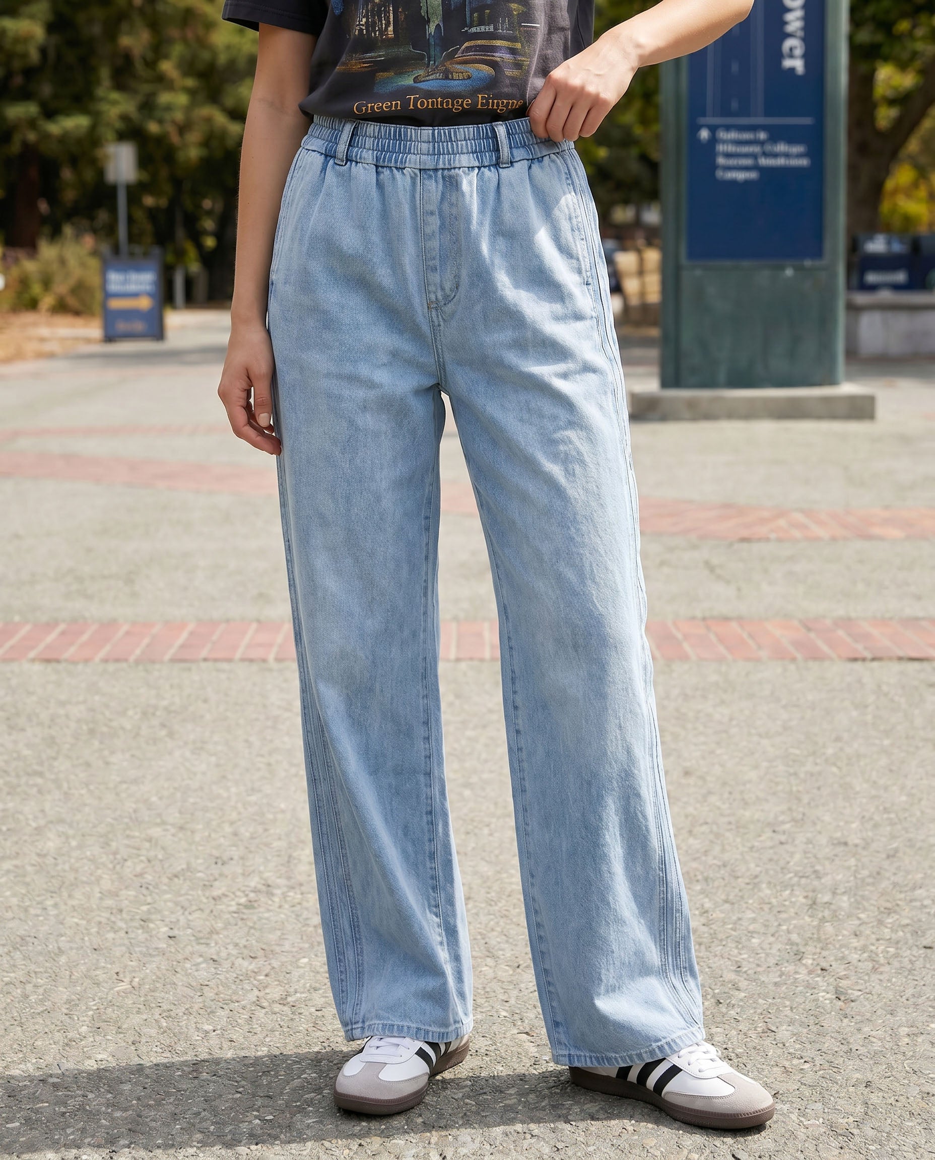 Elastic Waist Wide-Leg Denim Pants
